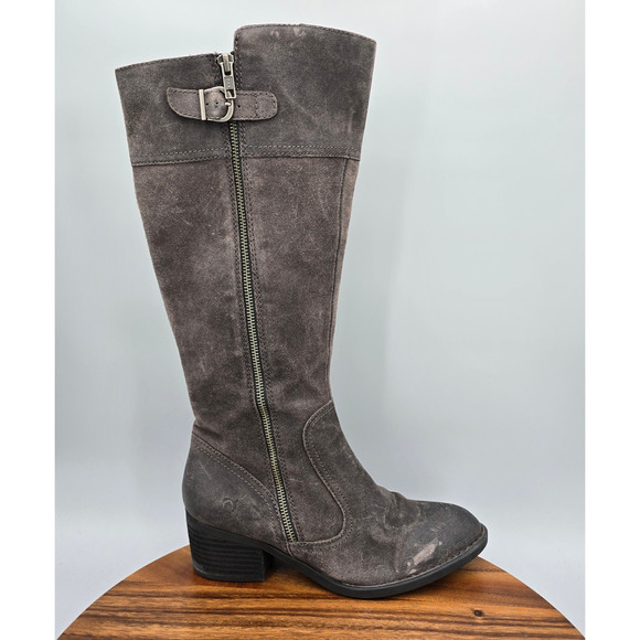 Born Boots Womens 8 M Gray Suede Leather Riding Knee High Zip Comfort Block Heel - Picture 1 of 8
